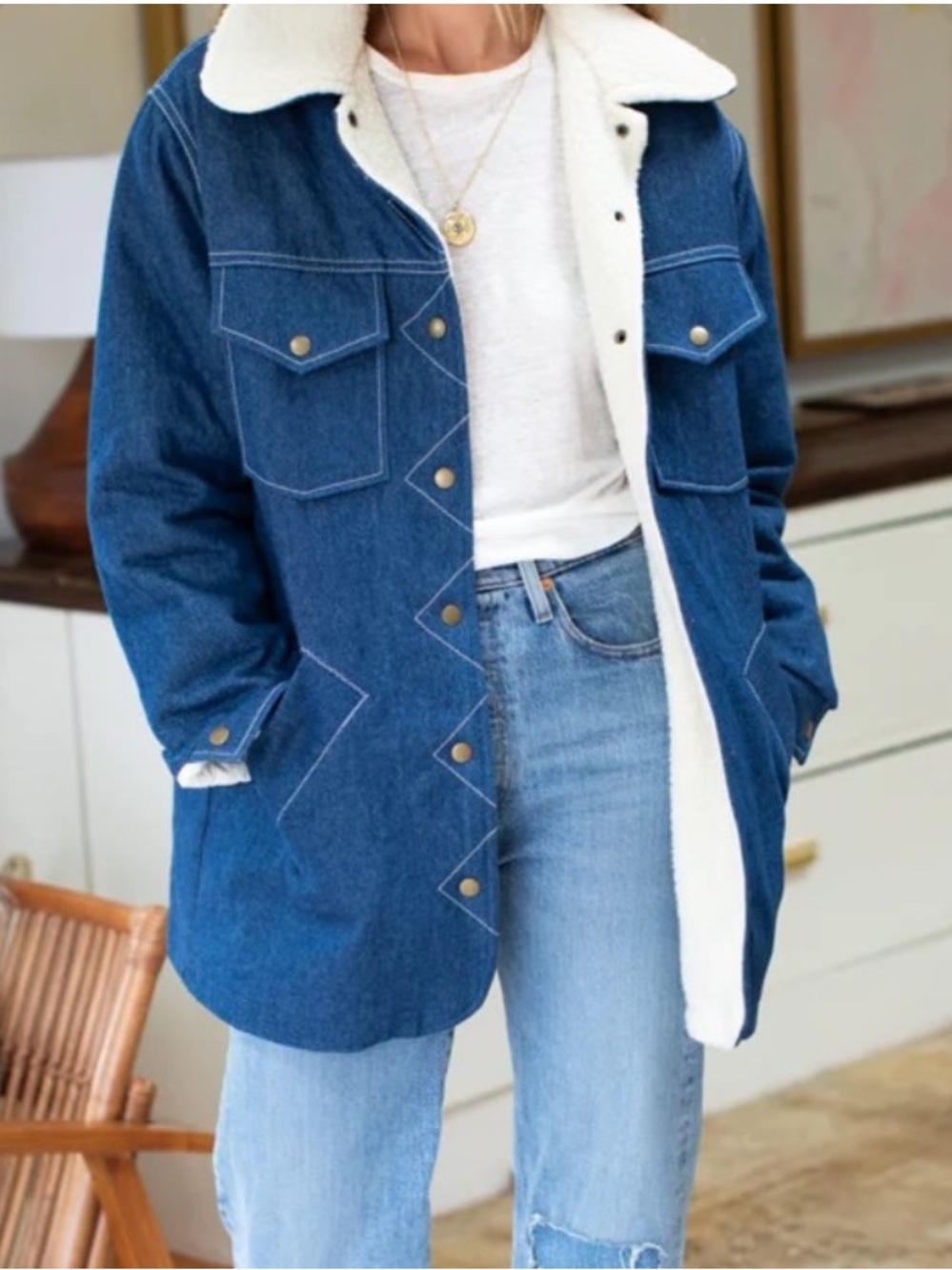 NEW Emerson Fry Ranch Coat Denim Faux Sherpa Collar Size XS - Picture 2 of 9